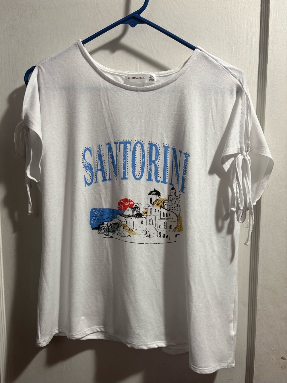 Santorini Graphic White Tee with Tie Sleeves